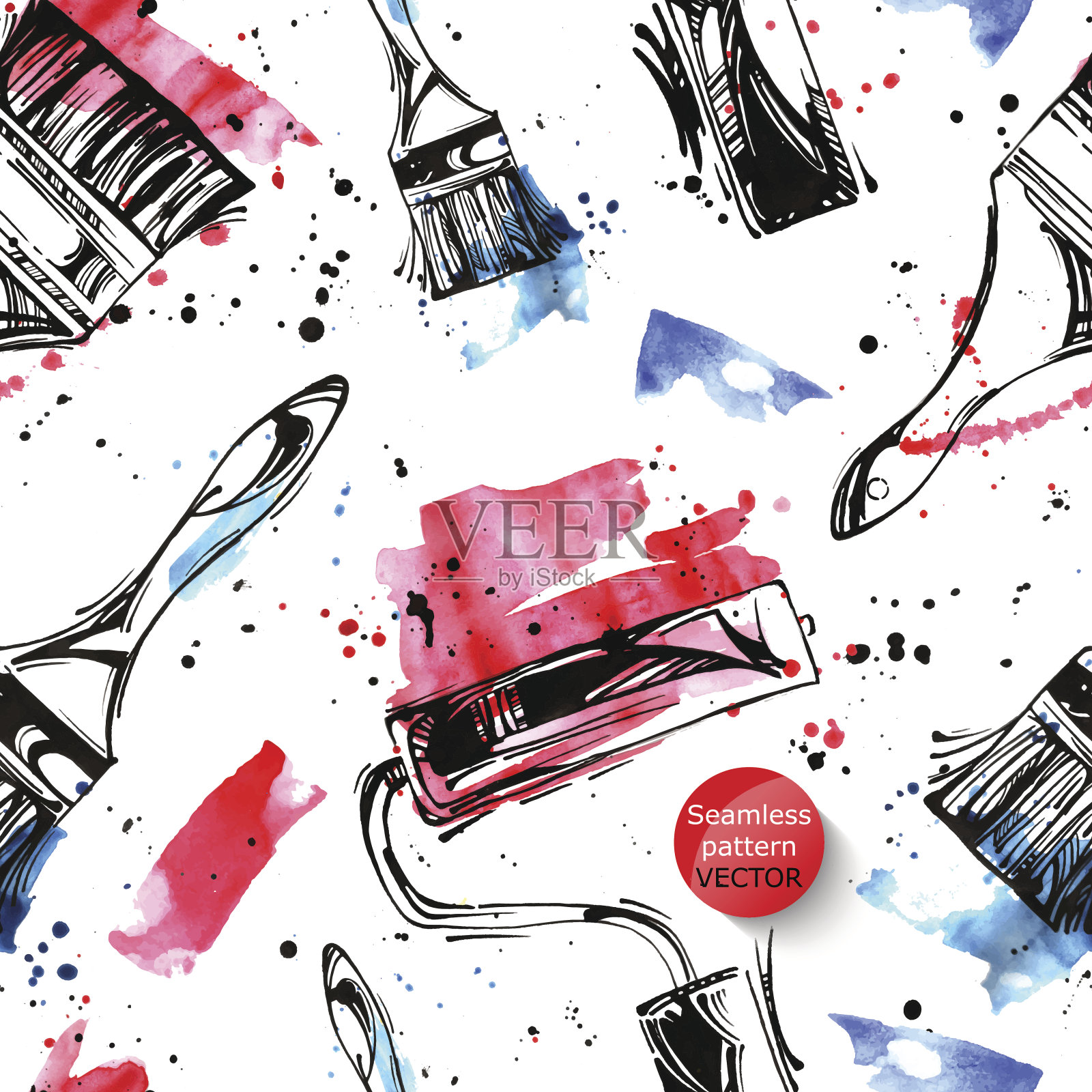 水彩无缝图案用漆辊和刷子。插画图片素材
