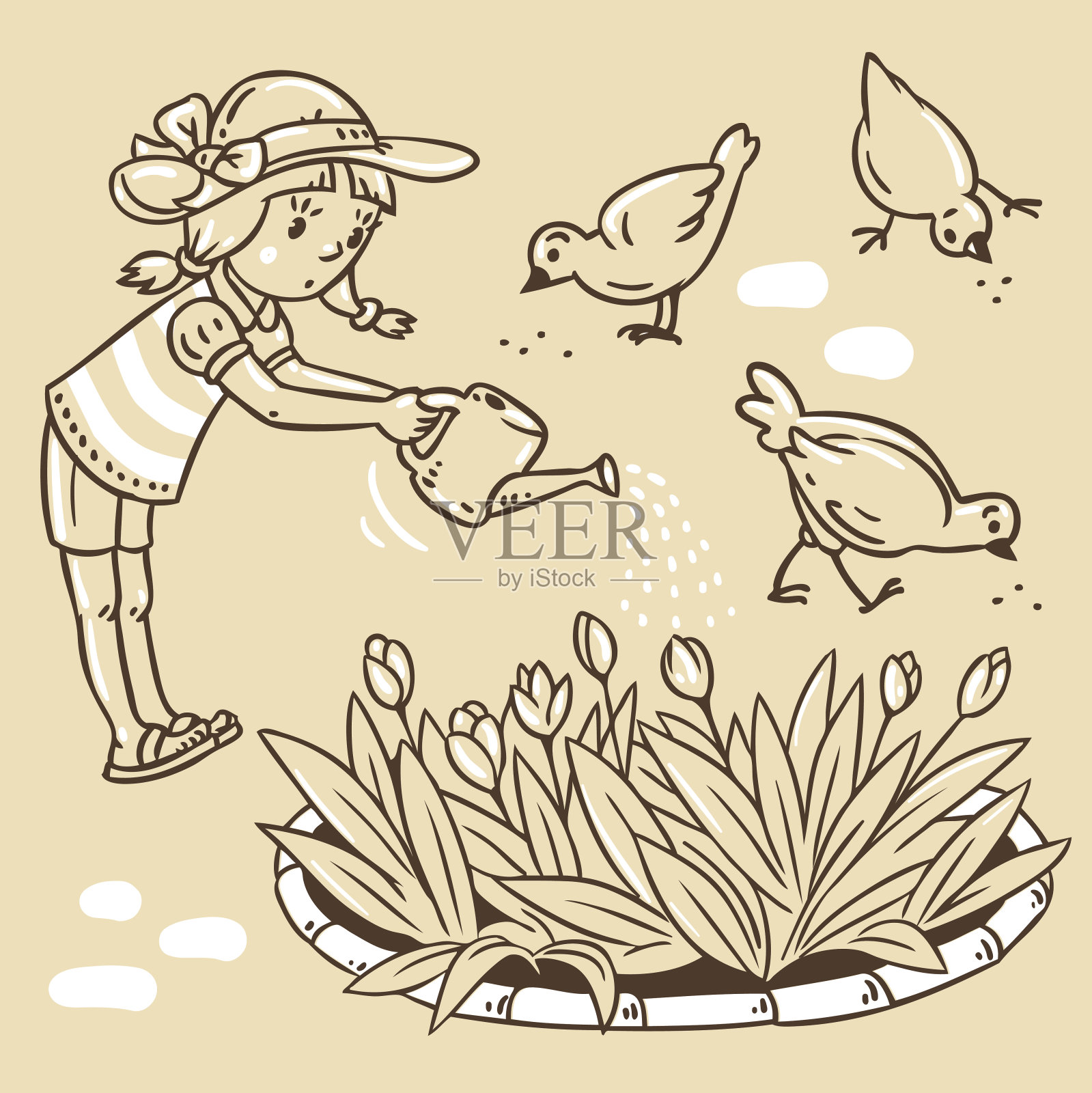 女孩在浇花插画图片素材