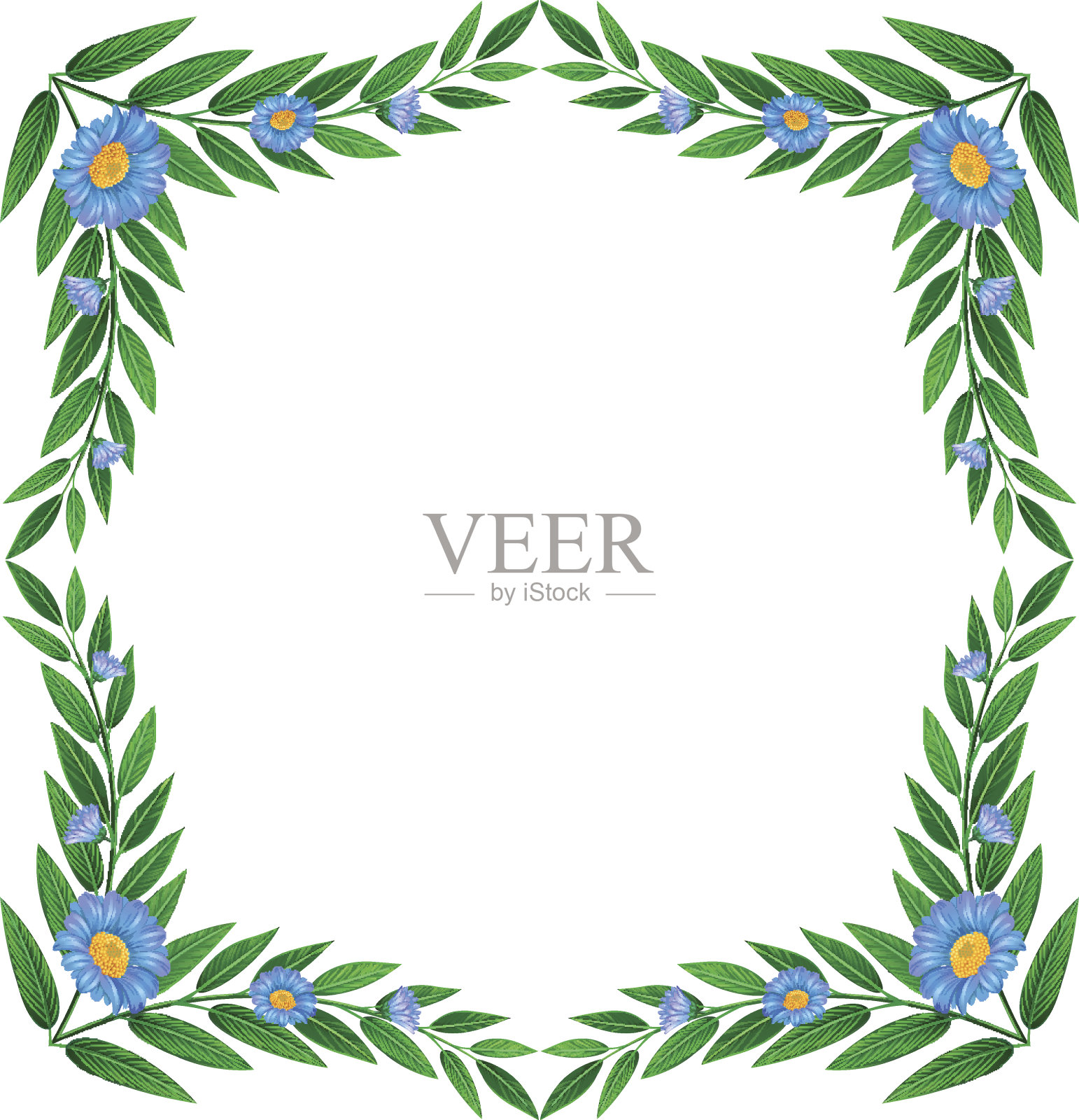 由绿色植物和花卉制成的框架插画图片素材