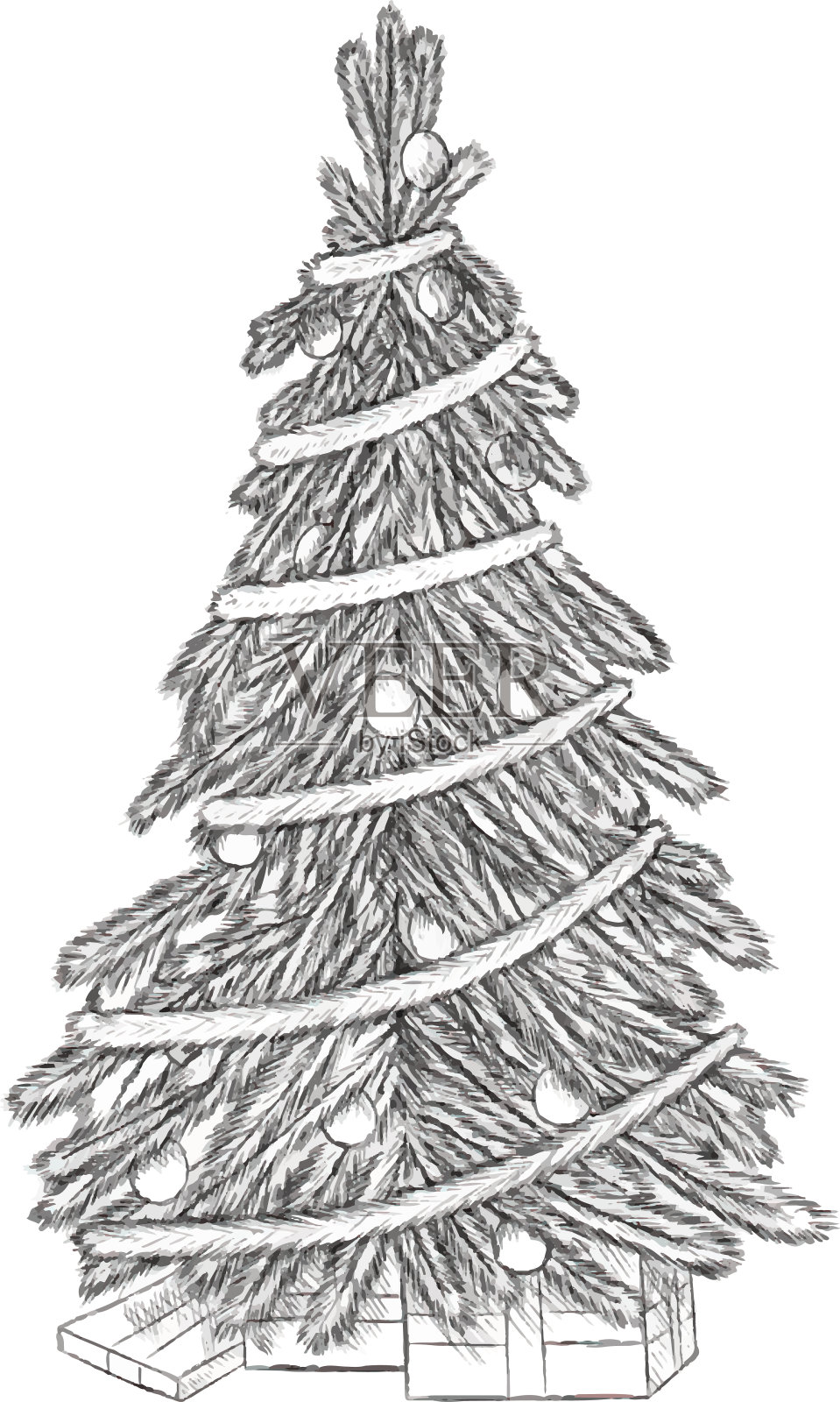 圣诞手绘矢量插图-圣诞树,复古风格。插画图片素材