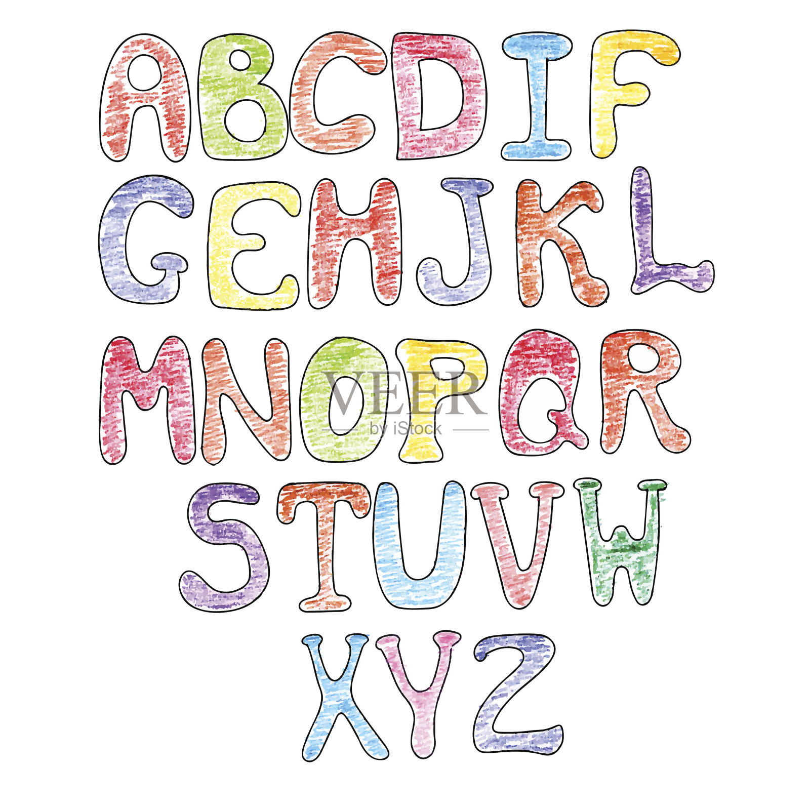 矢量字母彩色蜡笔。手绘字母表插画图片素材