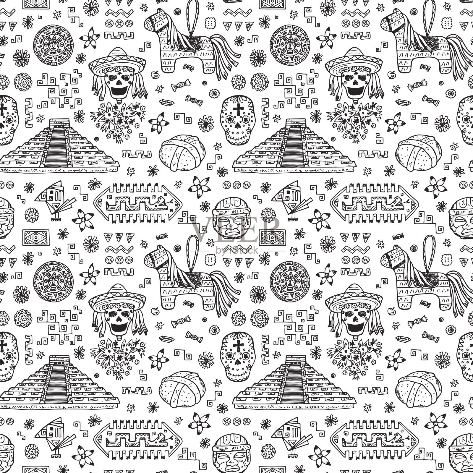 墨西哥矢量无缝模式。墨西哥死亡属性日插画图片素材