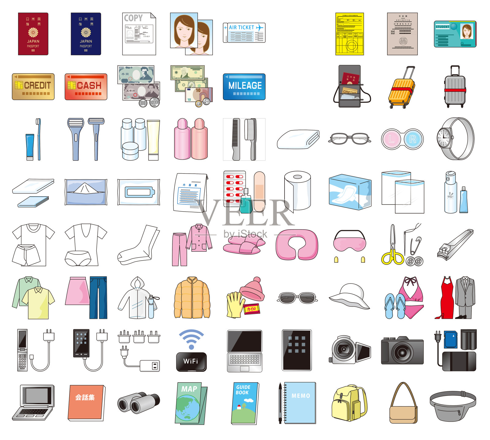 海外旅行必备事项。日本风格图标素材
