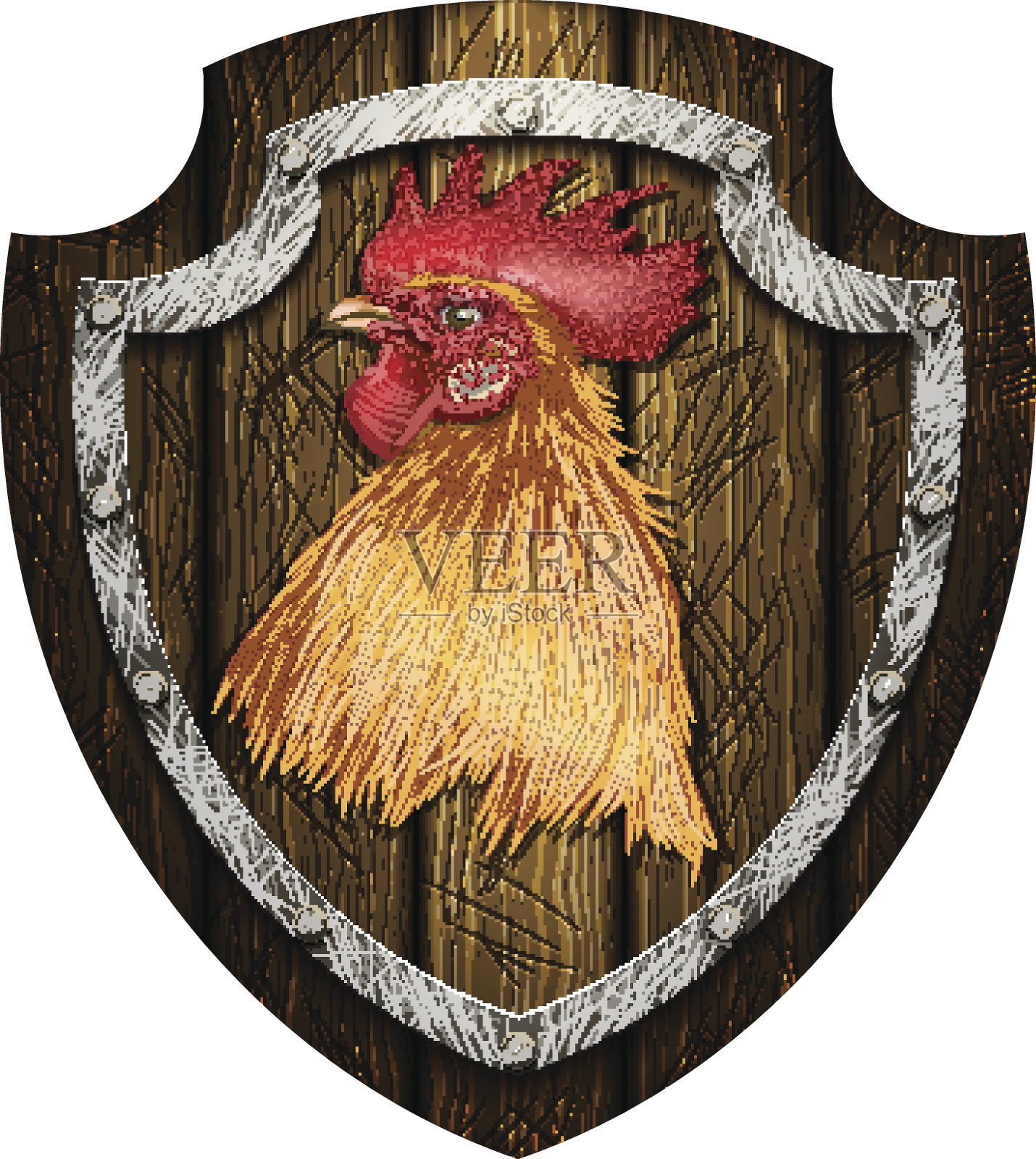 有公鸡头的木制盾牌插画图片素材