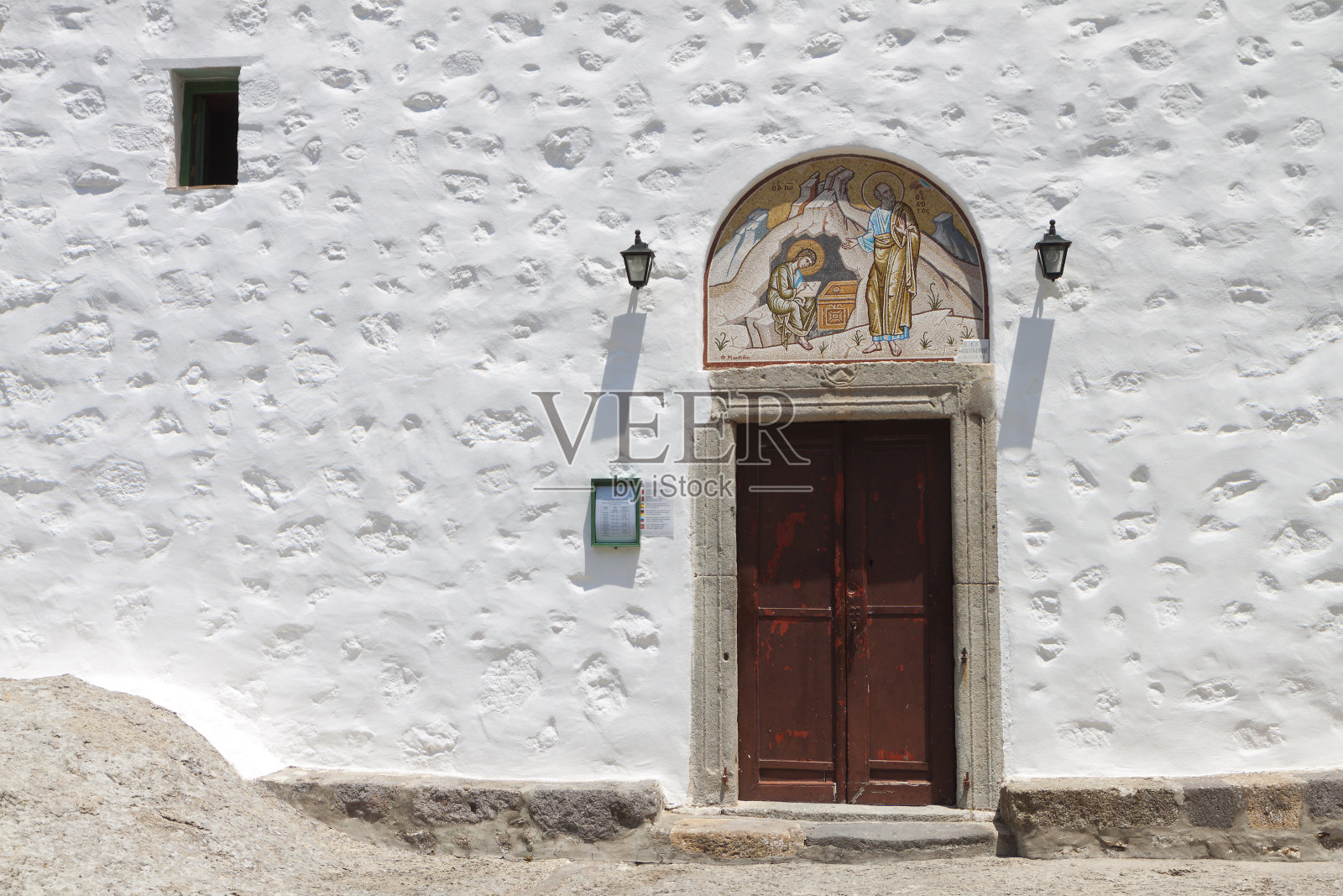 希腊的帕特莫斯岛。“天启洞”修道院照片摄影图片