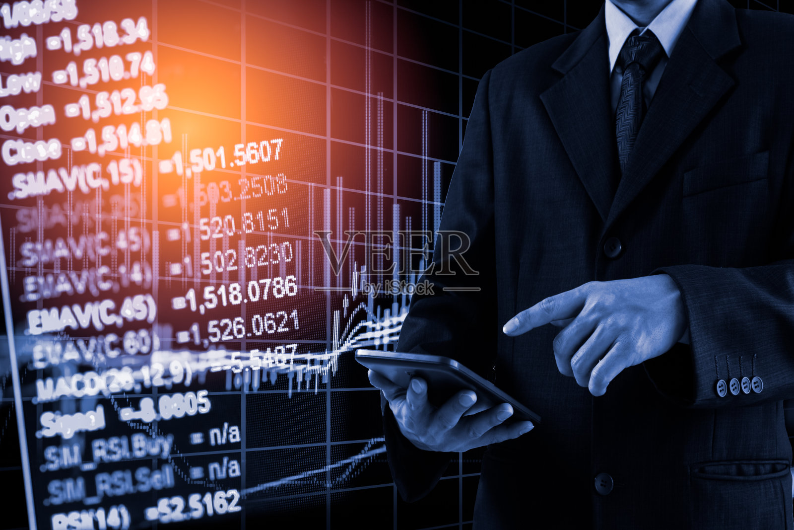 商人对数字股票市场财务指标的背景分析。照片摄影图片