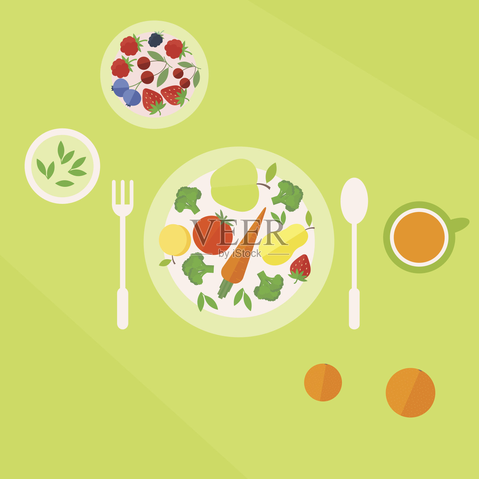 桌子上有一盘蔬菜和水果插画图片素材