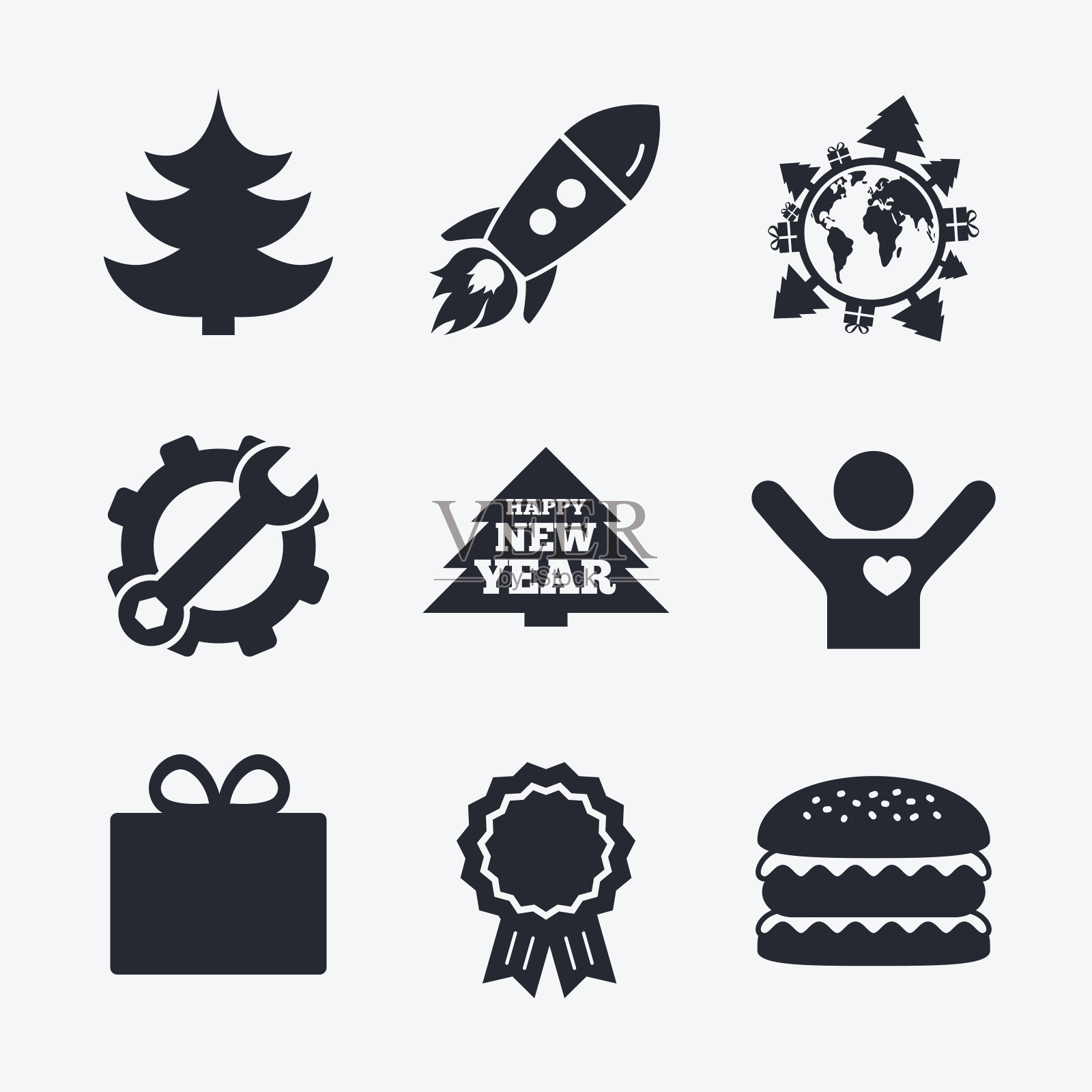 新年快乐。圣诞树和礼盒图标素材