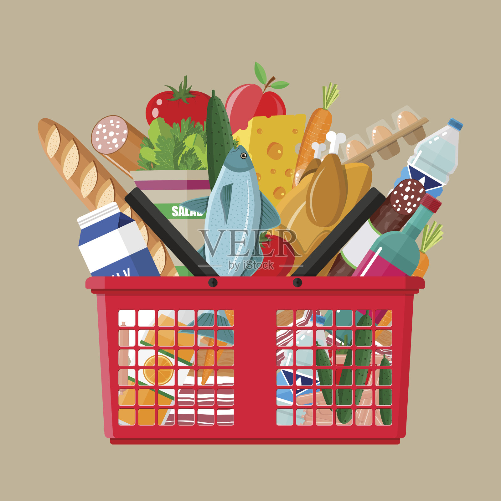 装满杂货的塑料购物篮插画图片素材