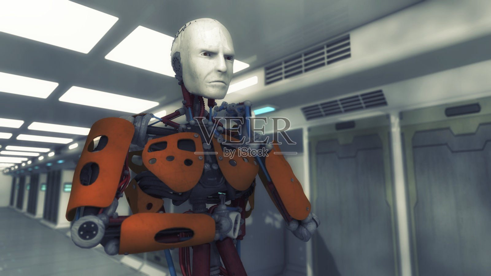 3 d渲染。思考机器人和未来的室内设计照片摄影图片