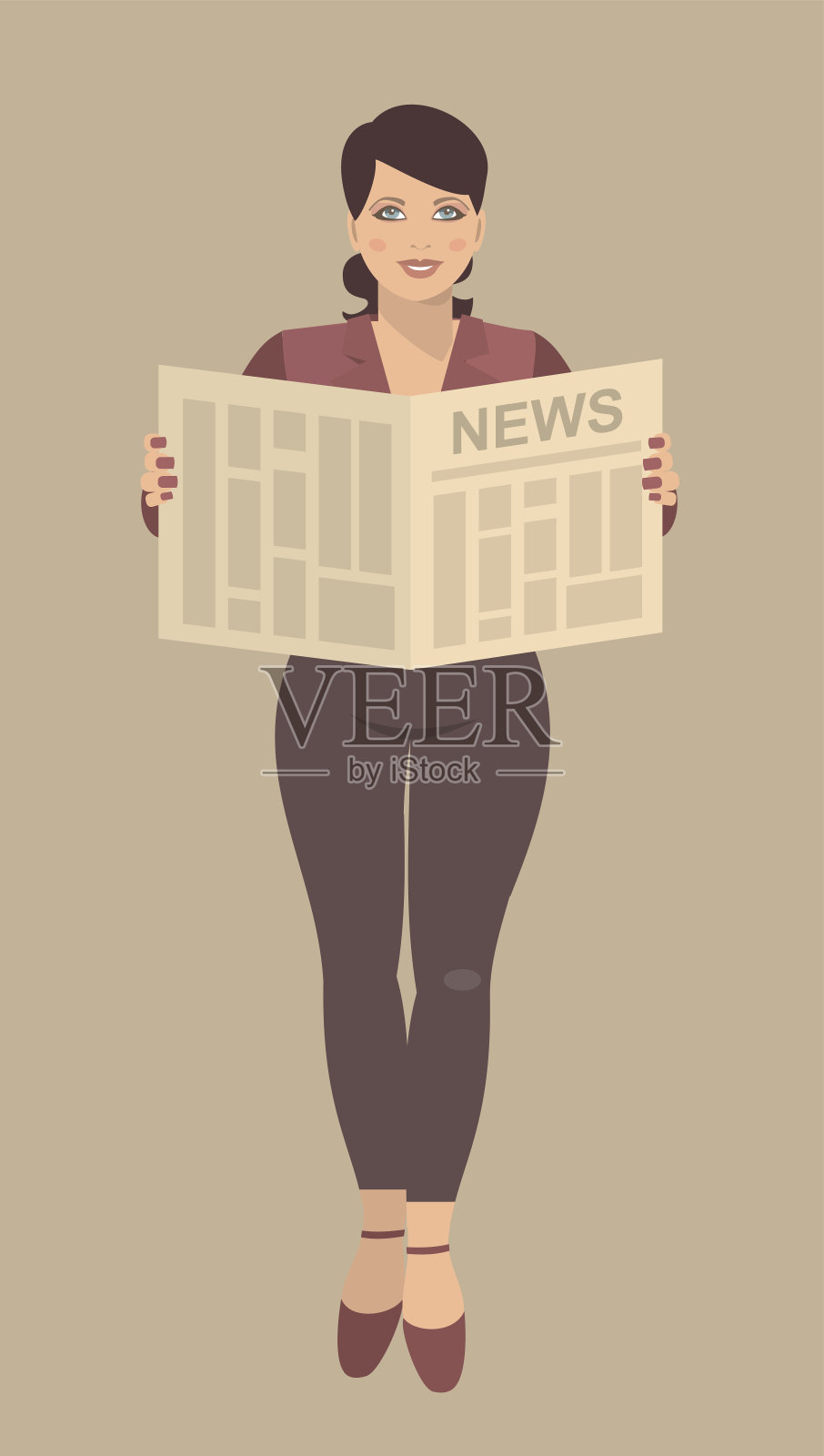 一位年轻的女商人正在看报纸,双手摊开插画图片素材