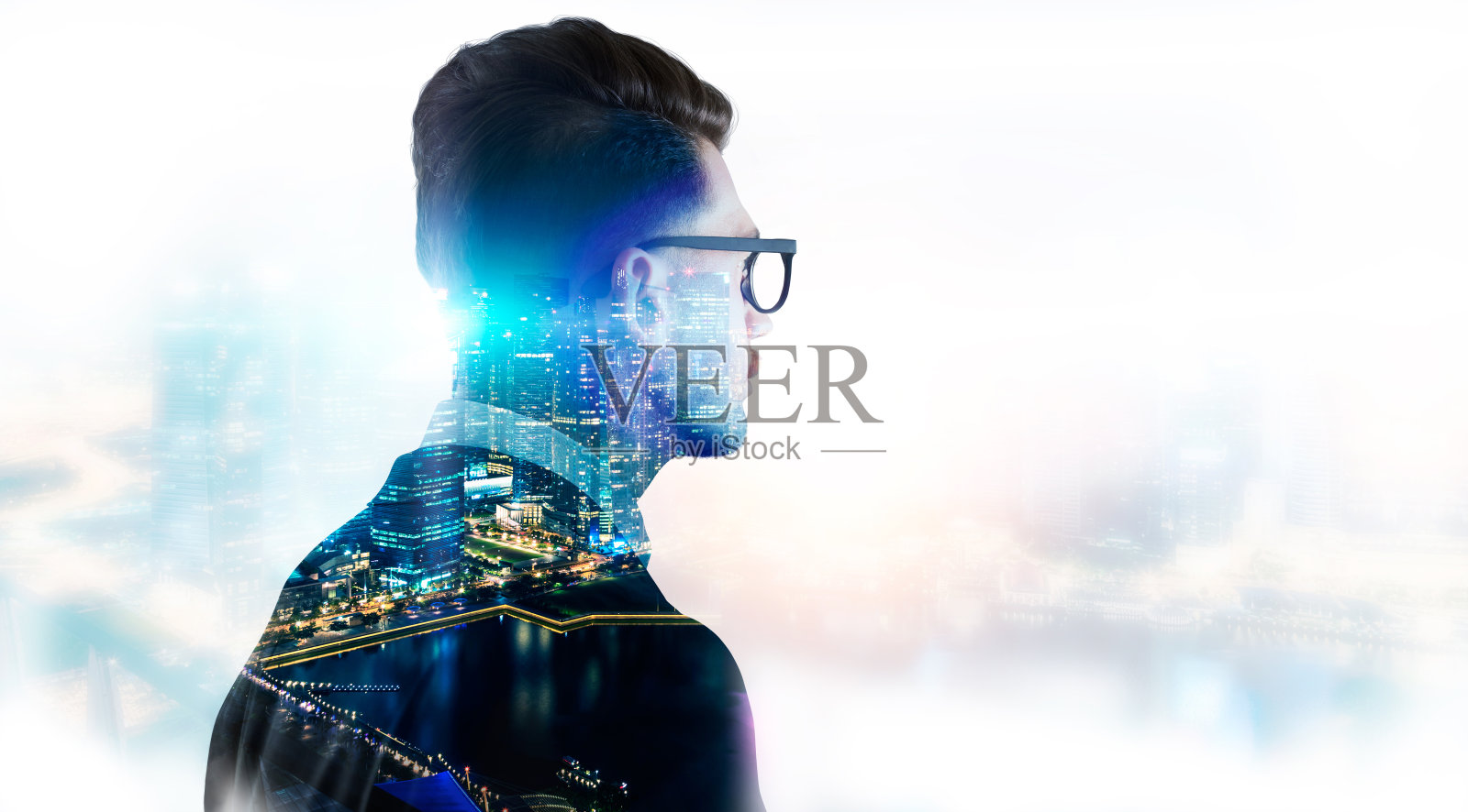 商人在眼镜多重曝光照片摄影图片