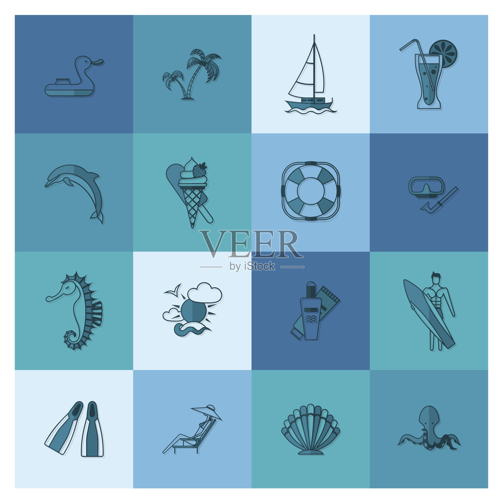 夏季和海滩简单的平面图标插画图片素材