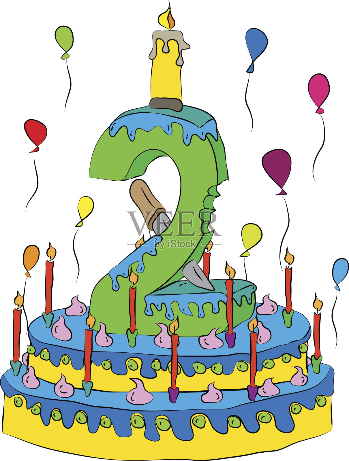 2号在有蜡烛的生日蛋糕上插画图片素材