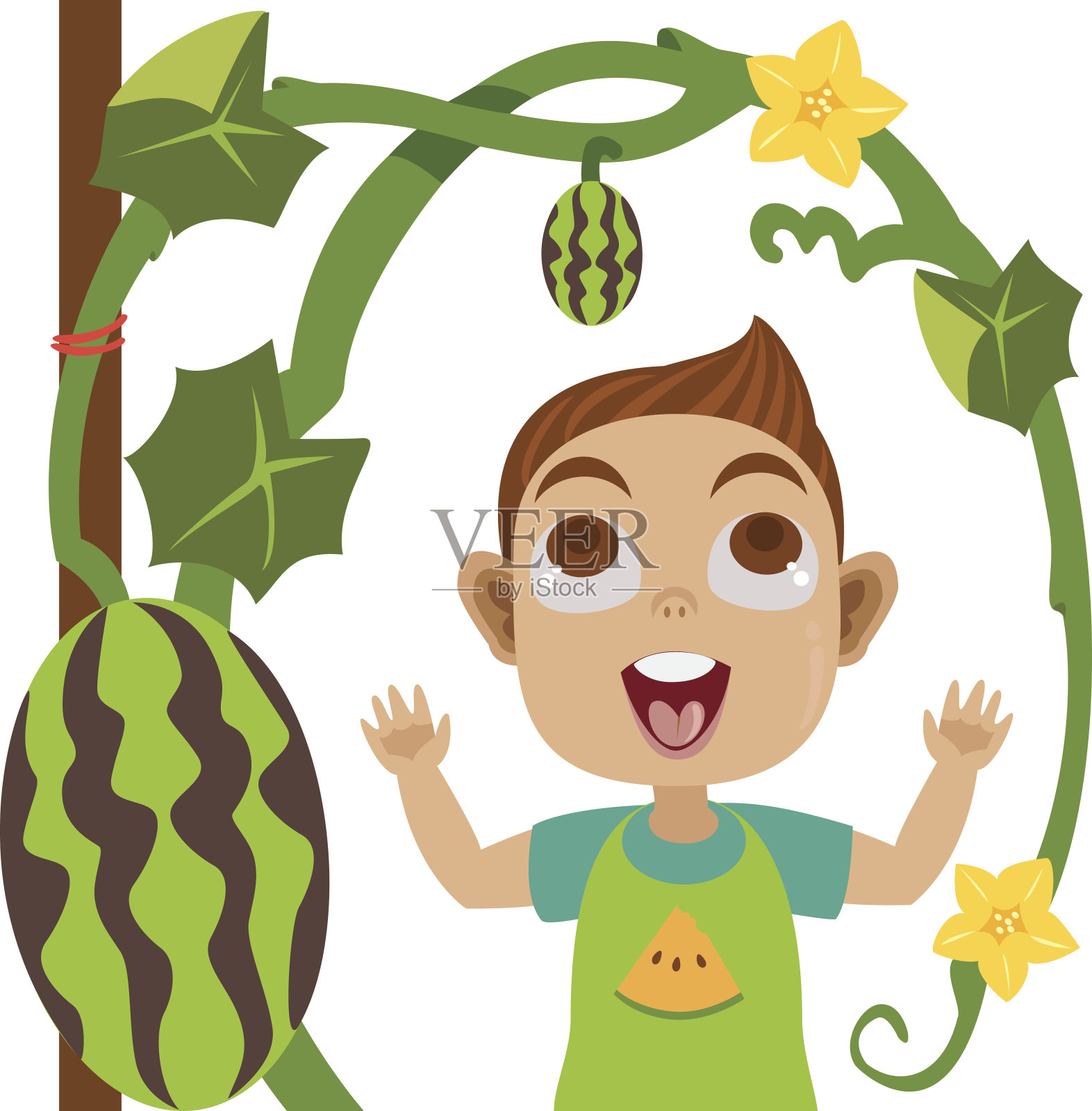 拿着西瓜的男孩插画图片素材