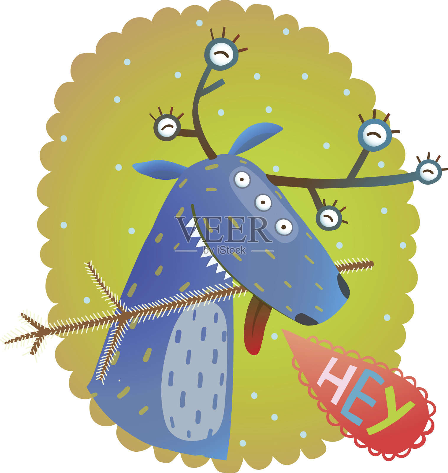 怪兽驯鹿圣诞新年搞笑贺卡插画图片素材