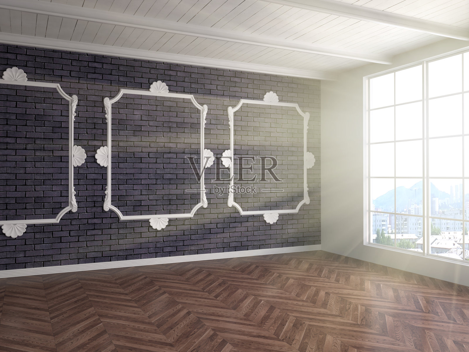 内部有大窗户。三维演示照片摄影图片