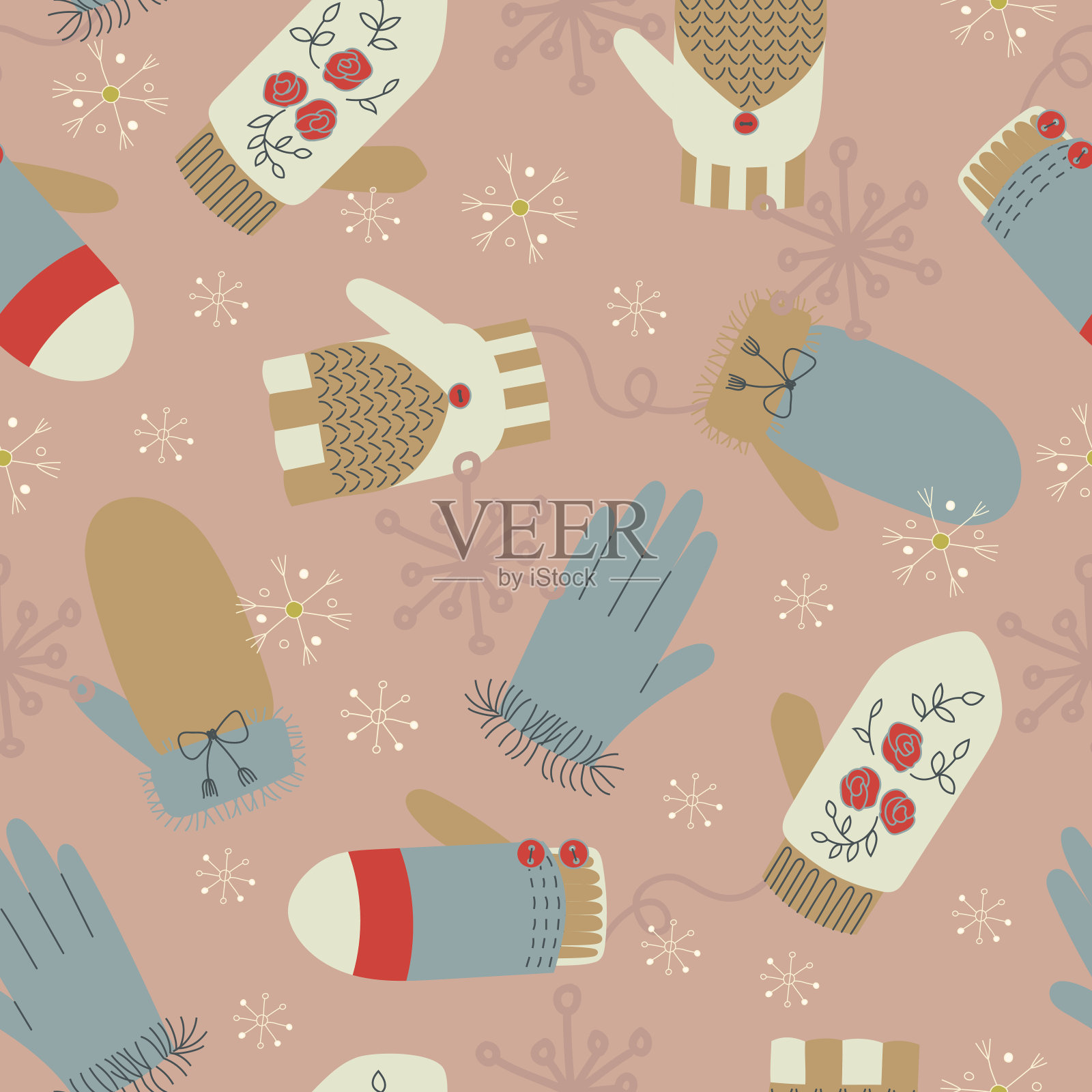 冬季手套和手套矢量无缝模式。冬天elemen插画图片素材