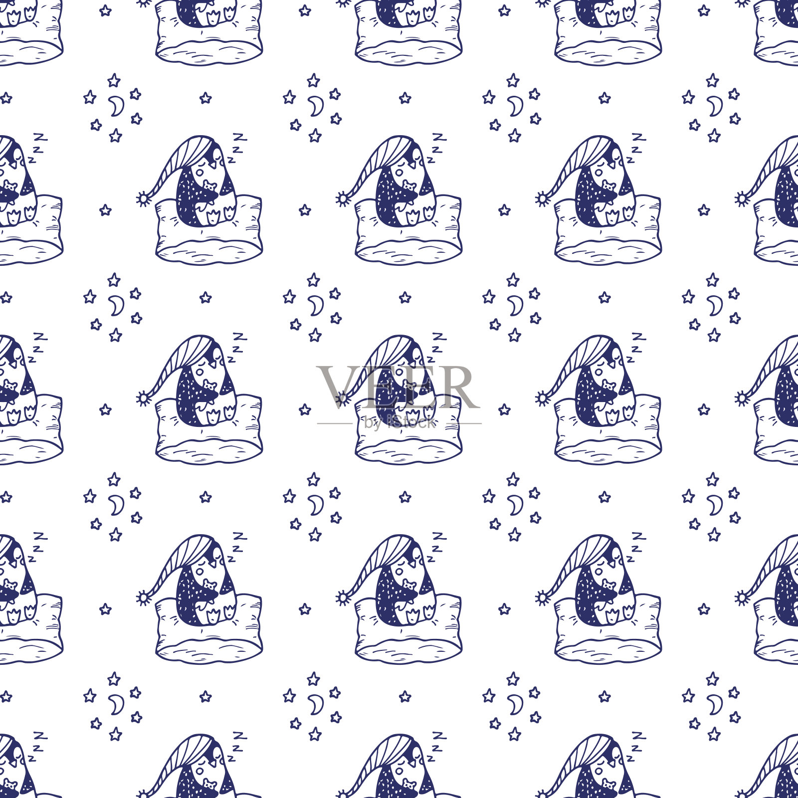 熟睡中的小企鹅无缝模式插画图片素材