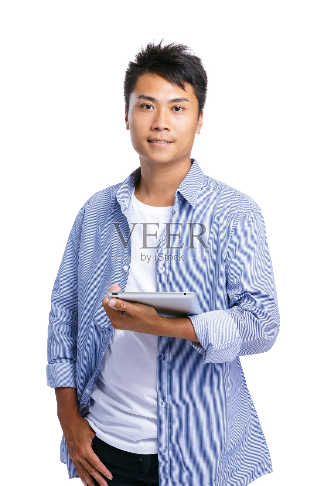 一个拿着平板电脑的中国人照片摄影图片