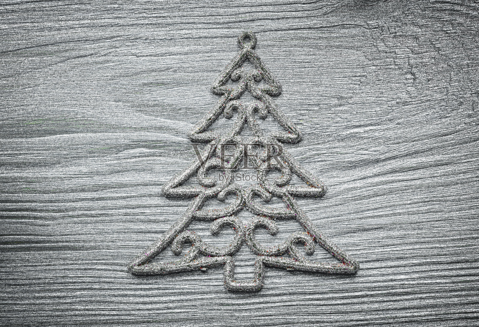 木制银色圣诞树装饰木板庆祝照片摄影图片