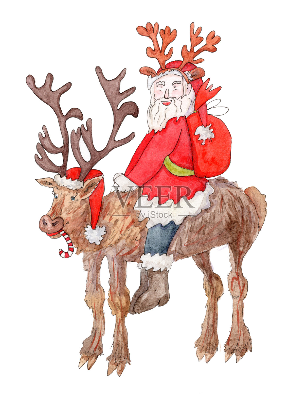 圣诞老人快乐驯鹿-水彩画在白色的背景插画图片素材