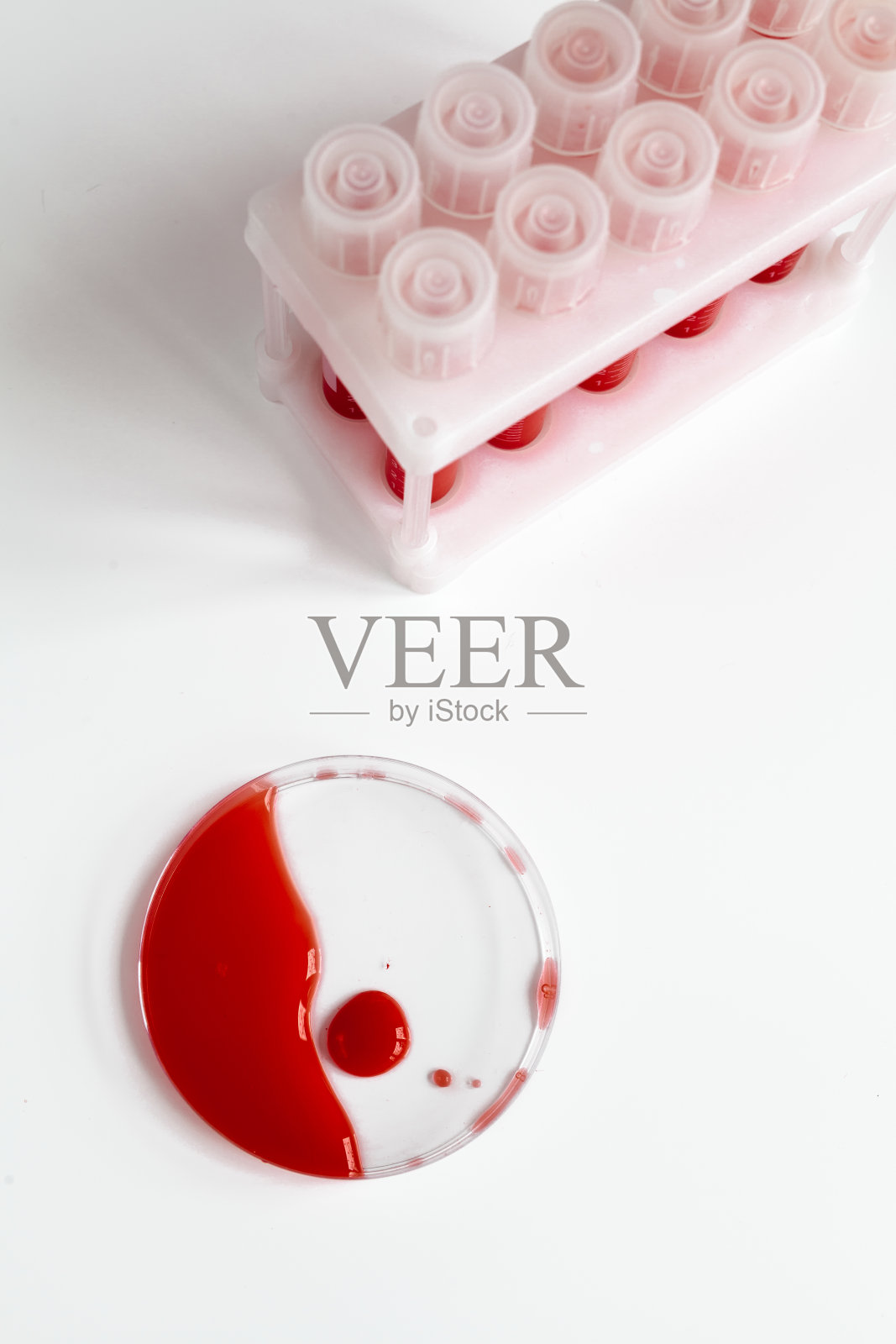 塑料管里有血,培养皿里没人俯视图照片摄影图片