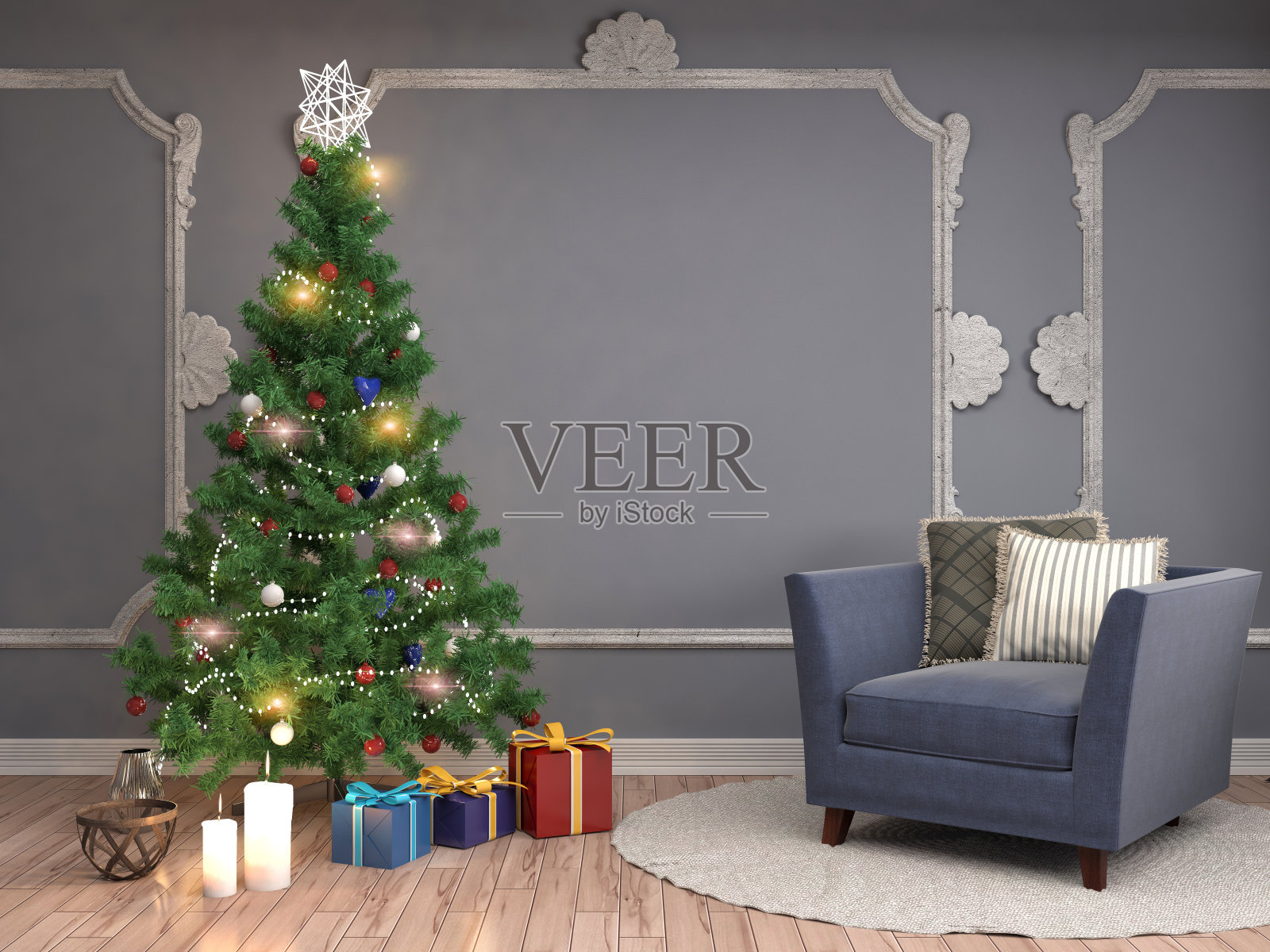 客厅里装饰的圣诞树。3 d illustrat照片摄影图片