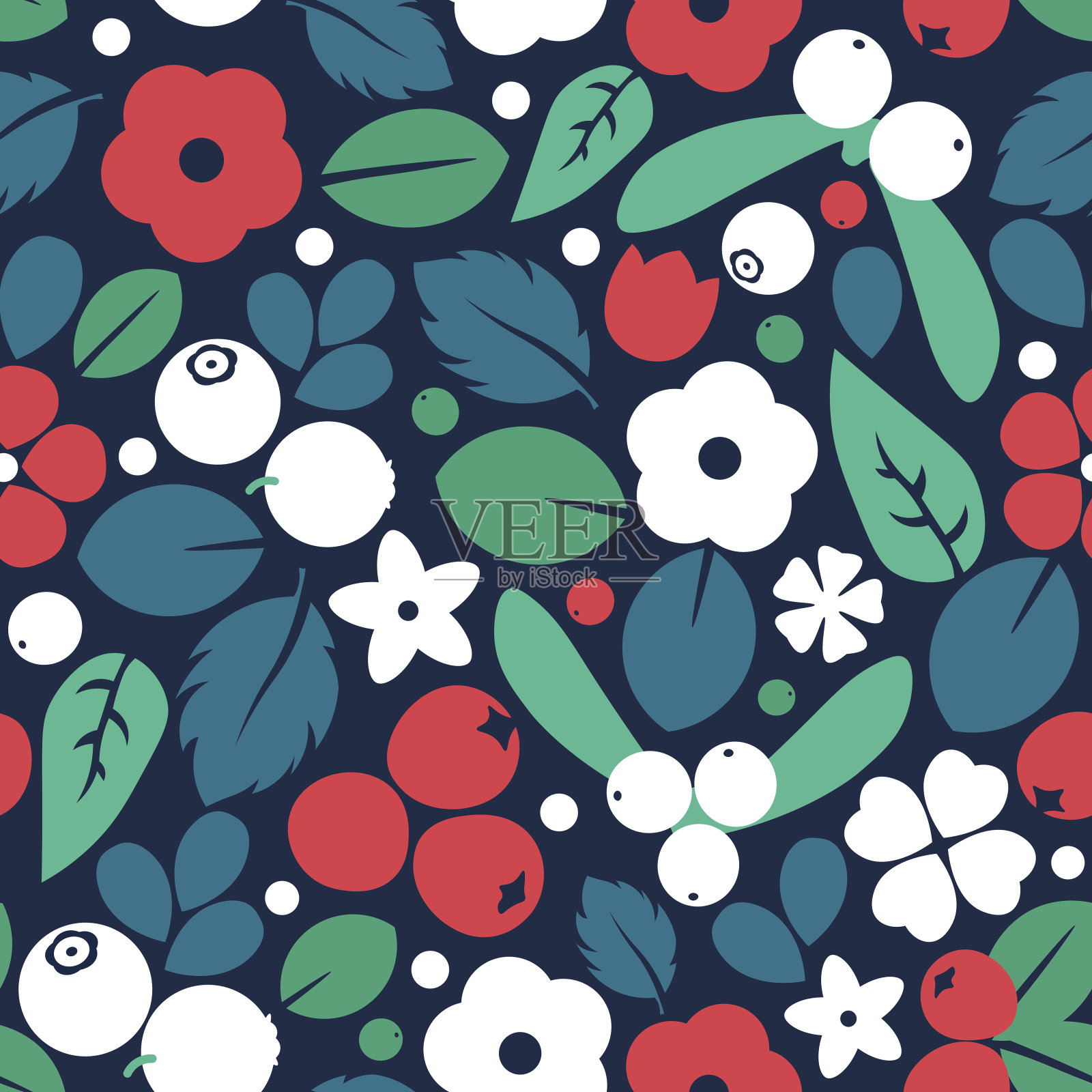 矢量扁花和浆果,无缝创意图案。插画图片素材