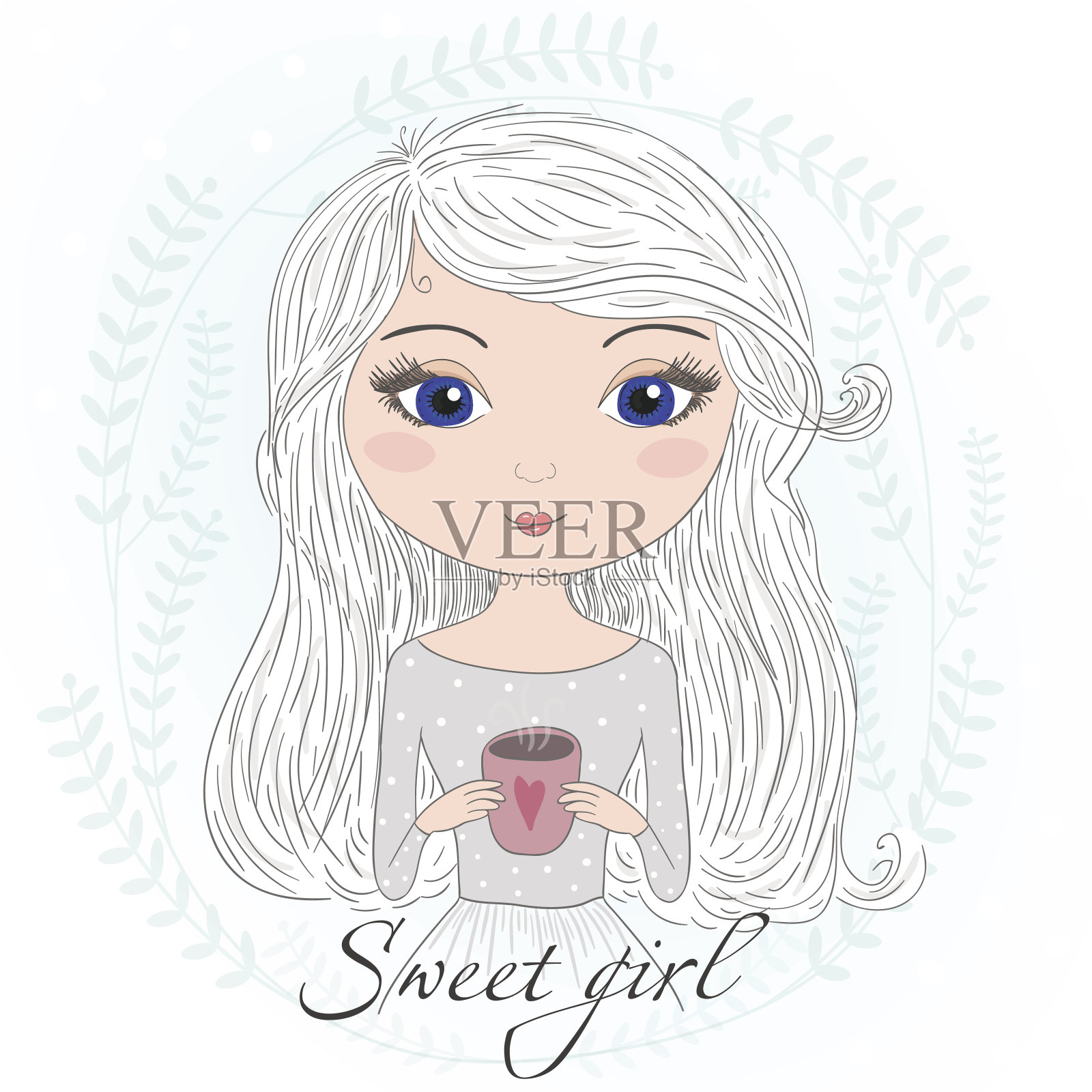 手画漂亮可爱的女孩,手里拿着杯子。插画图片素材