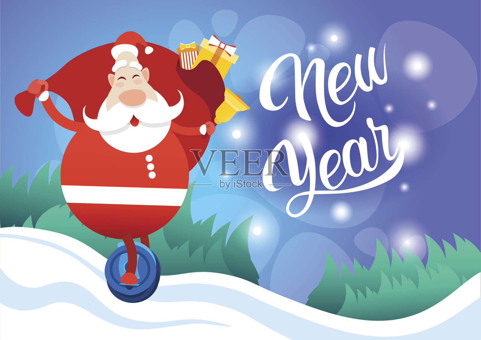 圣诞老人与大礼物袋骑电动单轮插画图片素材