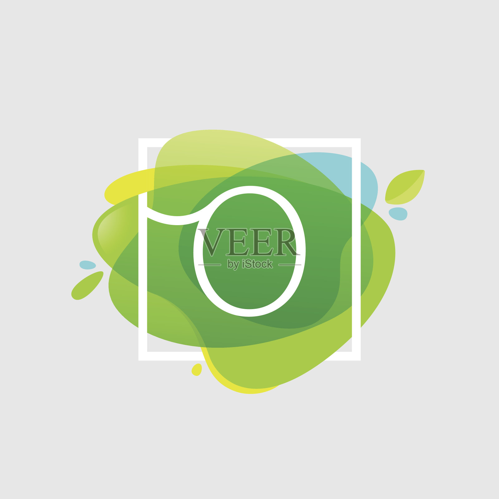 O字母图标在方形框架在绿色水彩飞溅插画图片素材