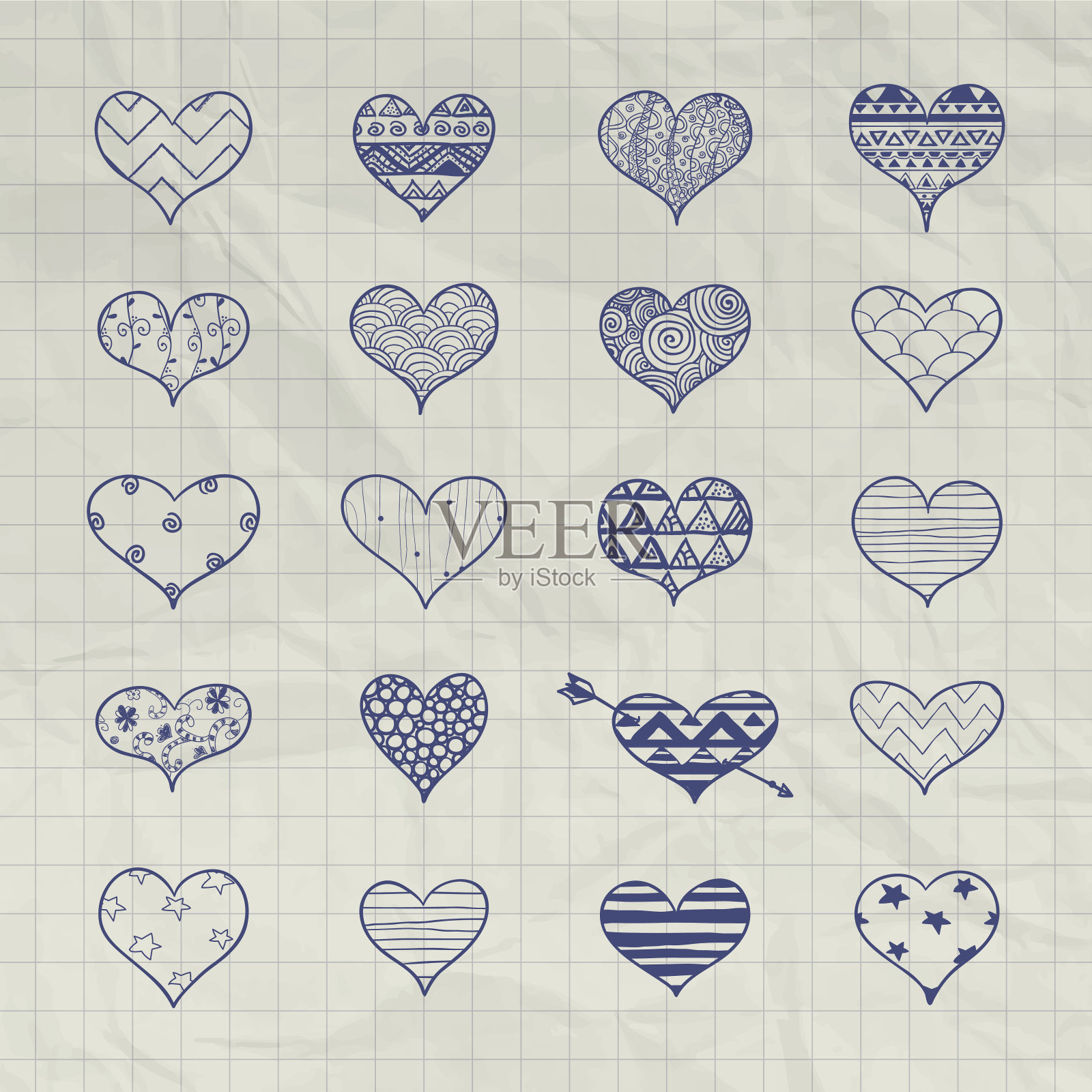 矢量手画心形与涂鸦图案插画图片素材