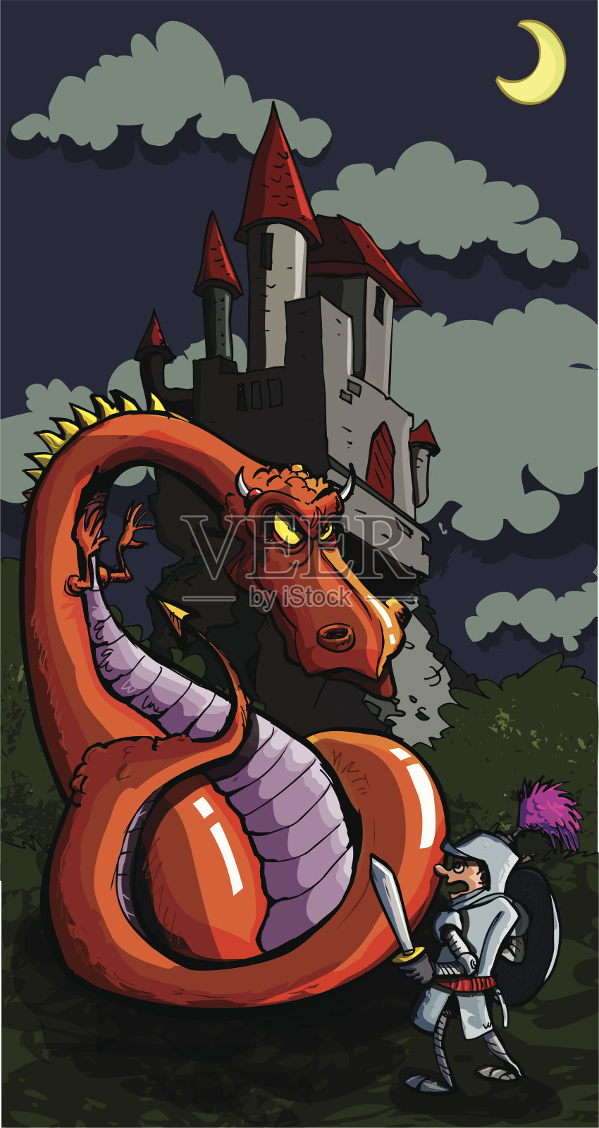 龙,骑士和城堡卡通插画图片素材