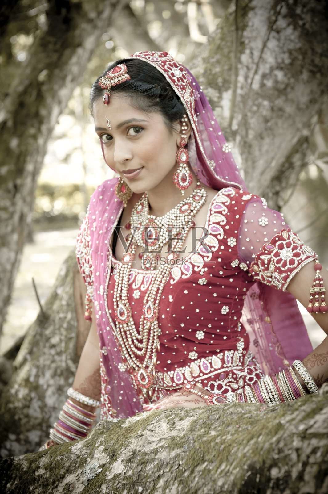 年轻的印度新娘穿着传统长袍在花园里照片摄影图片