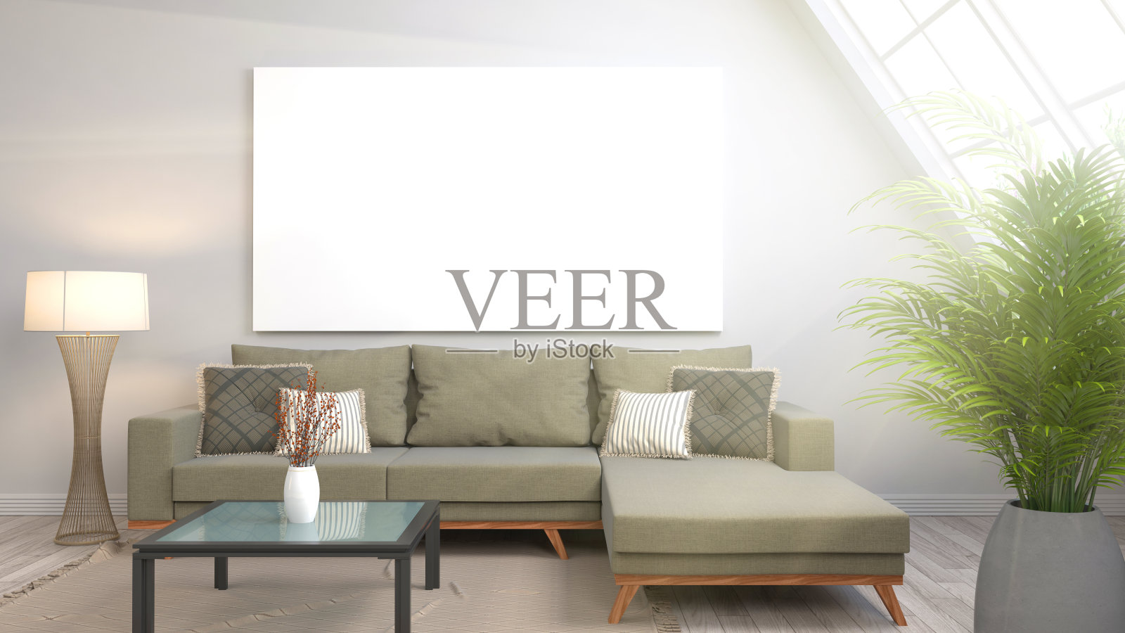 模拟海报框架在室内背景。三维演示照片摄影图片