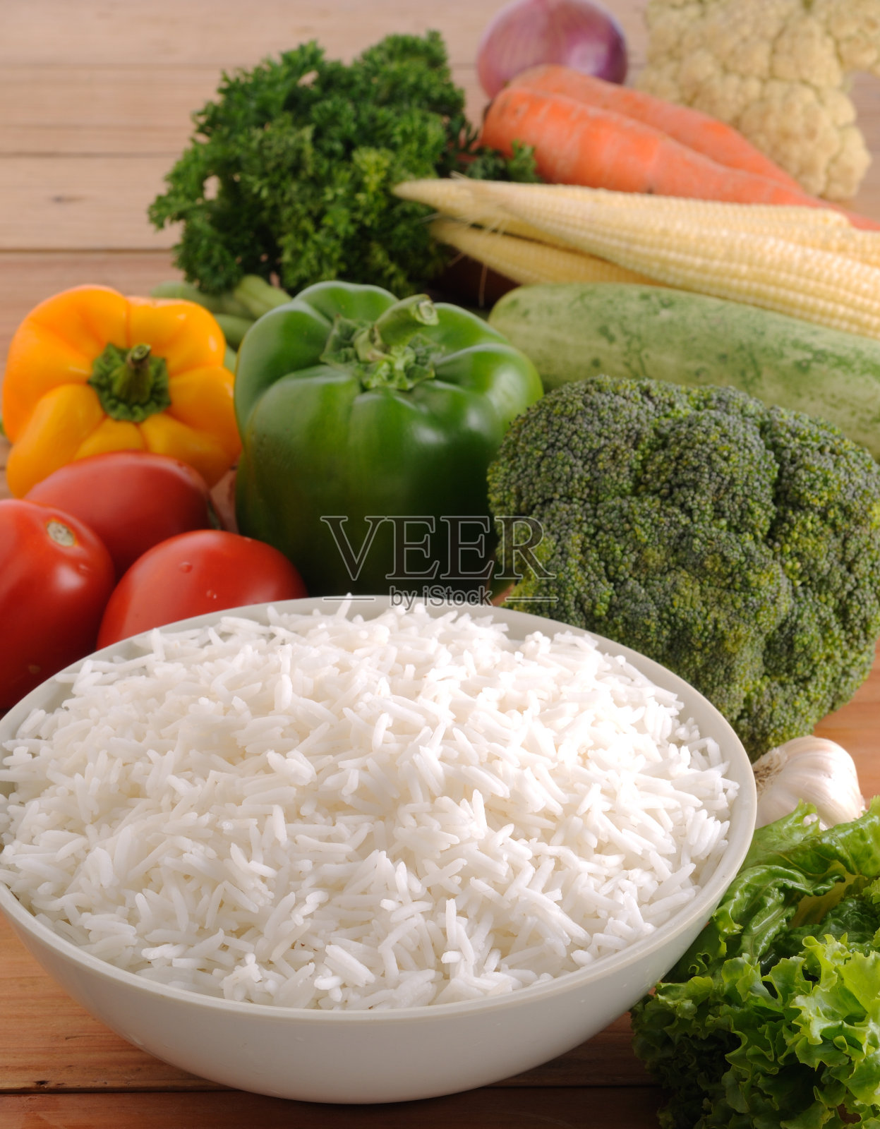 一碗白米饭蔬菜照片摄影图片