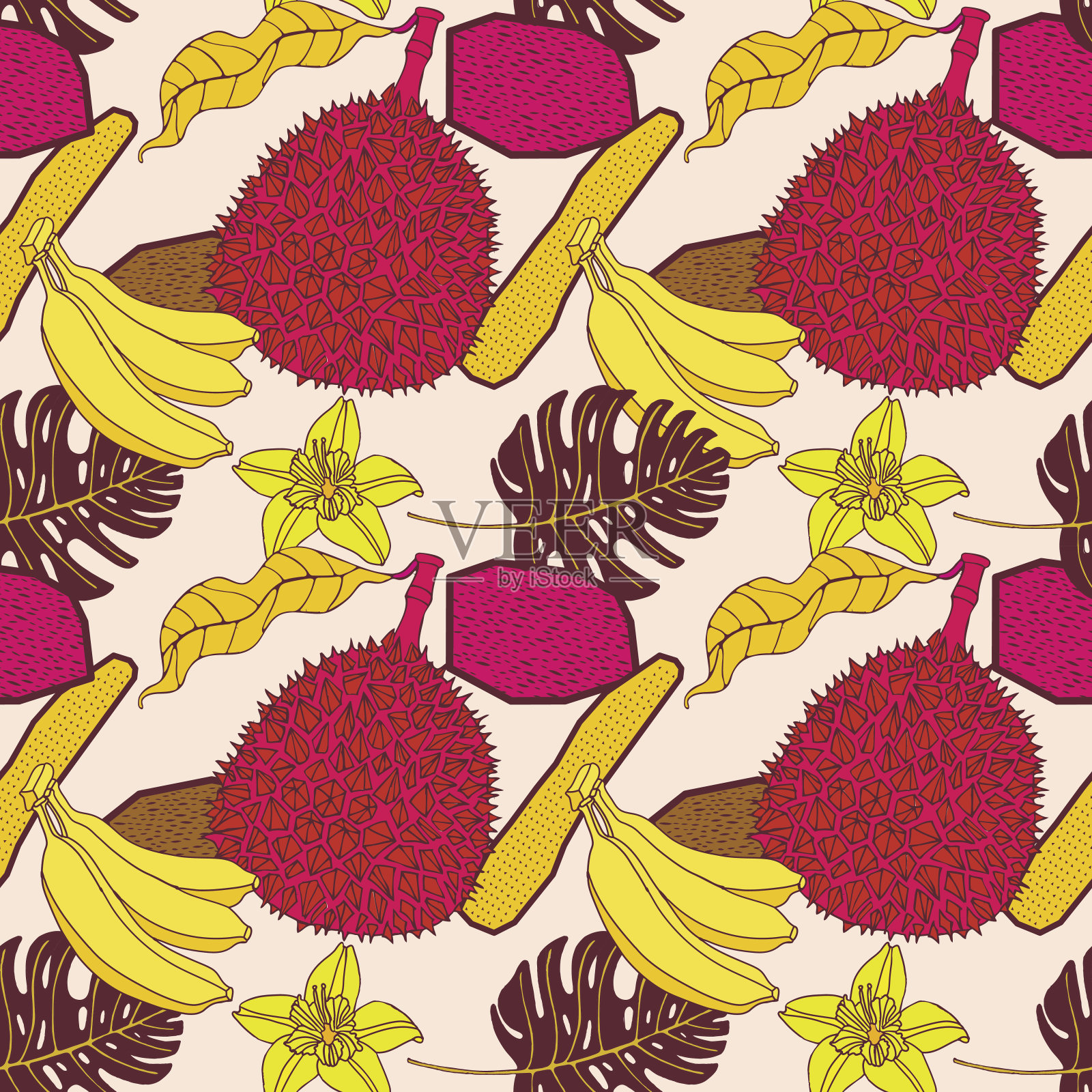 热带的叶子和水果,异国情调的印花。插画图片素材