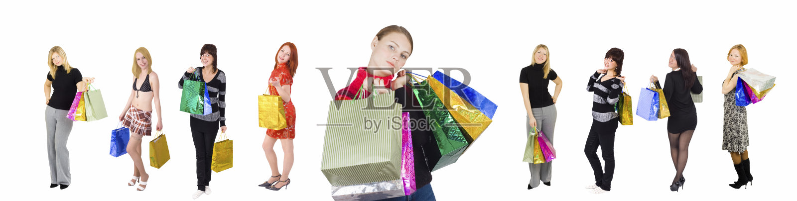 一群9个购物女孩照片摄影图片