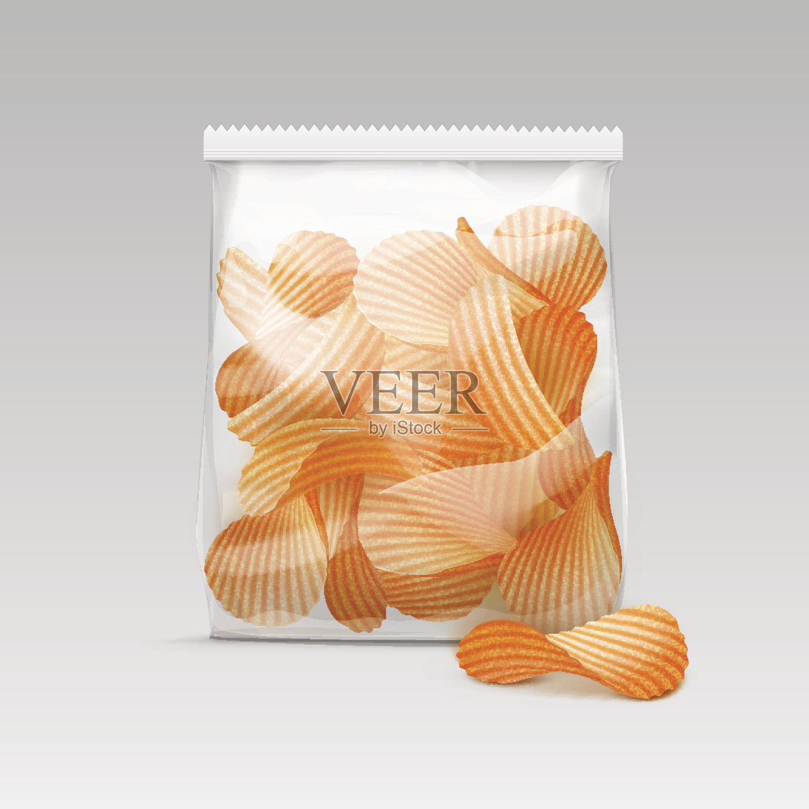 密封透明塑料袋与土豆片在白色背景插画图片素材