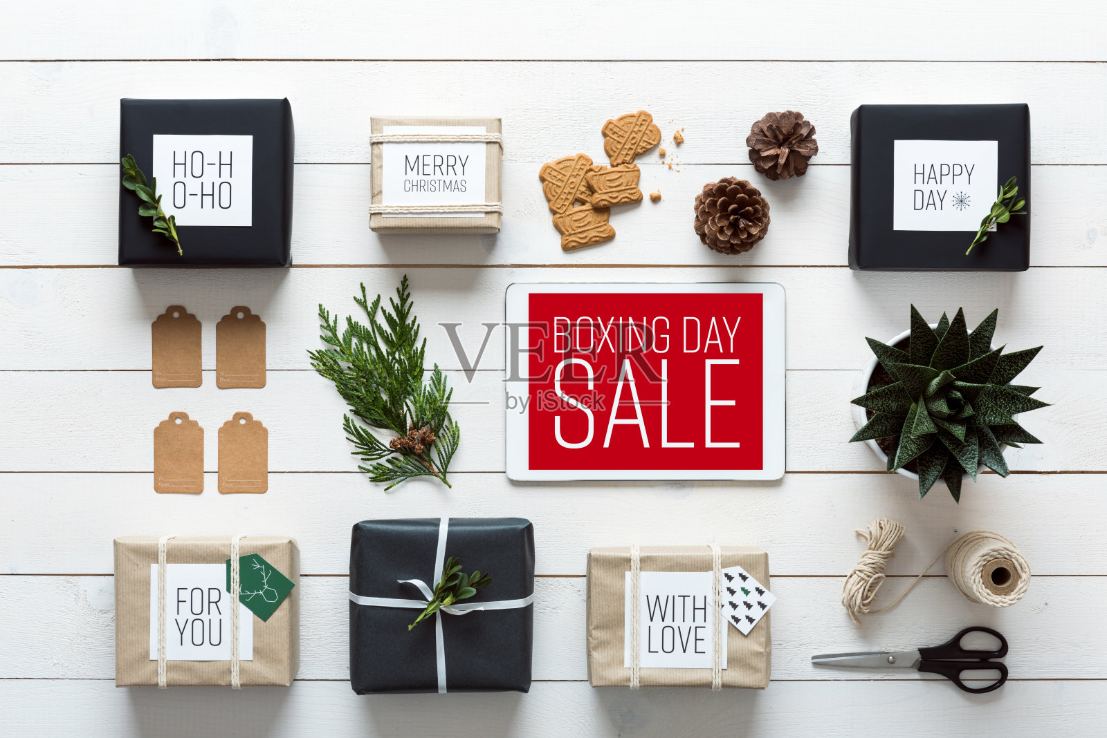 复古圣诞,从上面看桌子,网上购物的概念照片摄影图片