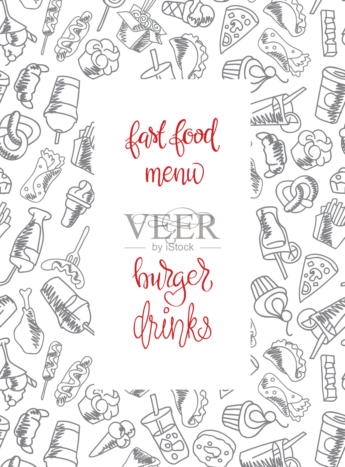 快餐菜单。向量背景上的一组图标。插画图片素材