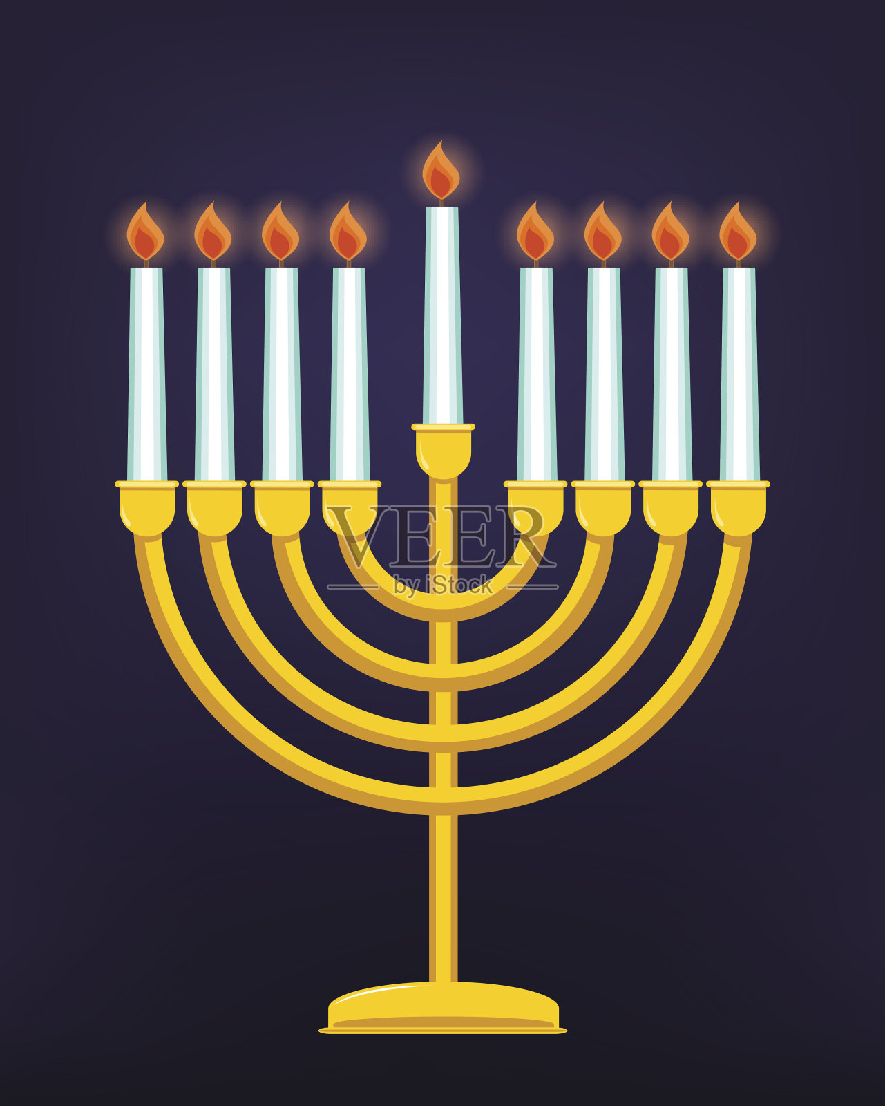 犹太节日光明节快乐。金色烛台和燃烧的蜡烛。插画图片素材