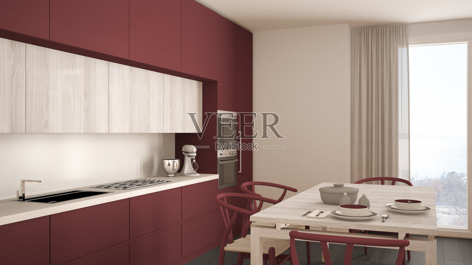 现代简约的红色厨房,木地板,经典的室内设计照片摄影图片