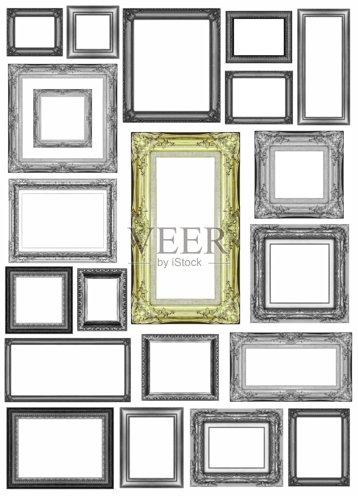 一套复古的金色和灰色框架与空白照片摄影图片