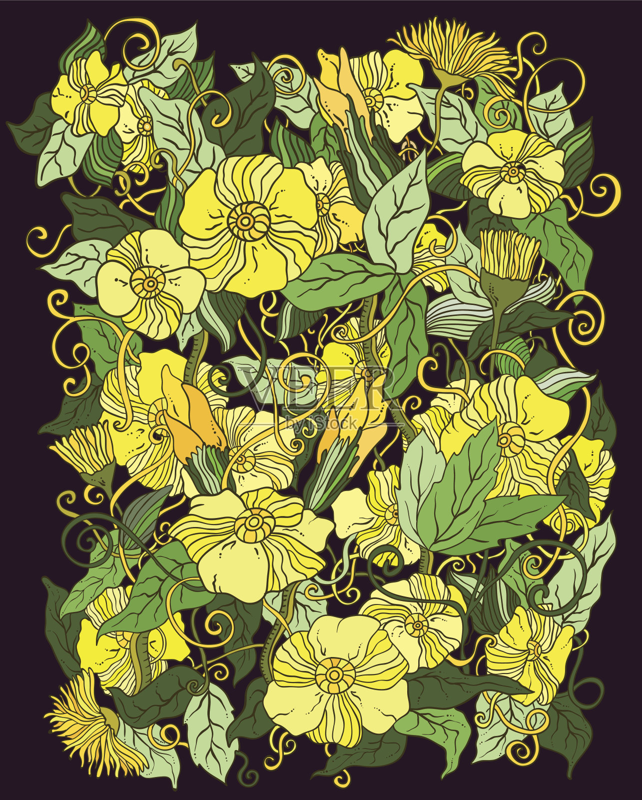 原始手绘图案卡与鲜花。插画图片素材