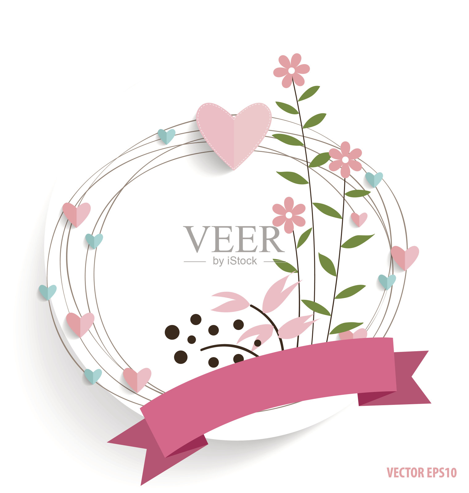 可爱的卡片与丝带和花束,矢量插图。插画图片素材