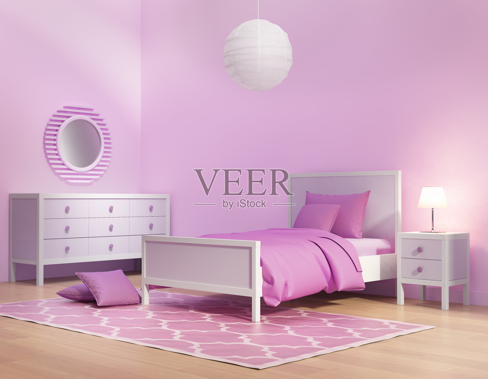 粉红色和紫色的女孩的卧室照片摄影图片