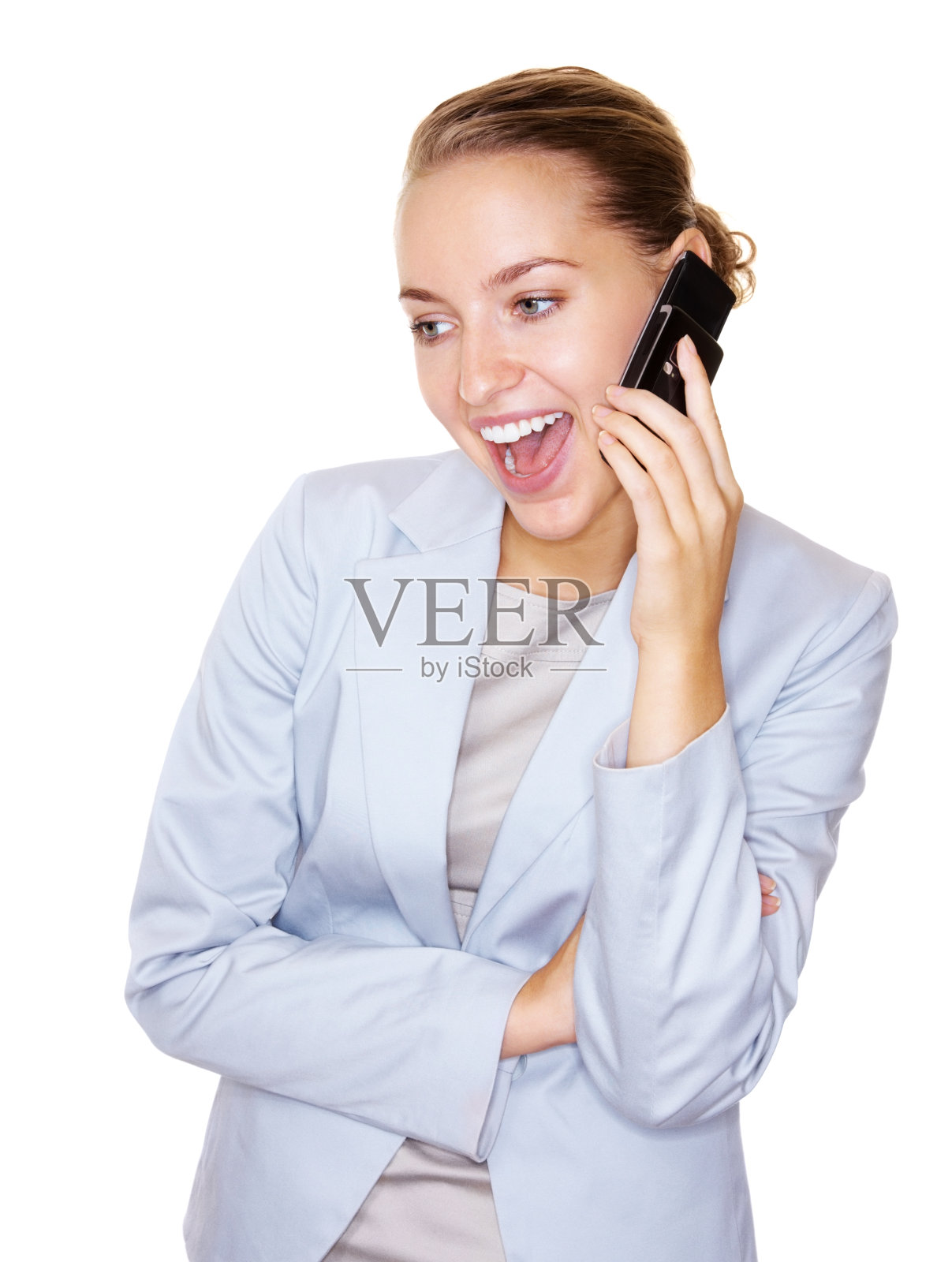 快乐的女商人在打电话照片摄影图片