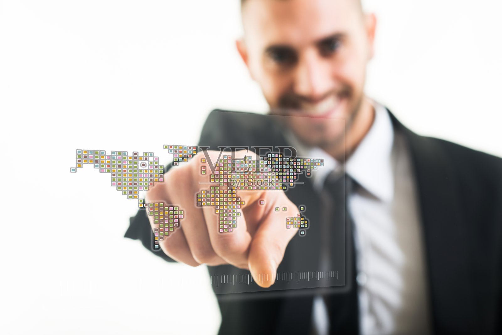 商人触及虚拟世界地图上的一个点照片摄影图片